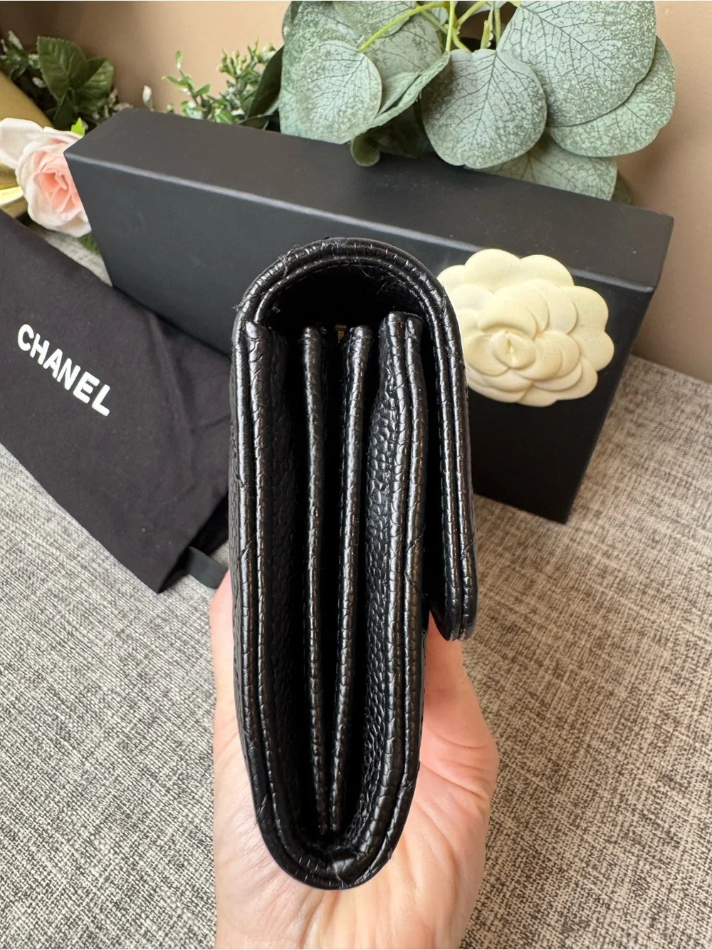 NCHANEL Black Quilted Caviar Leather Caviar Long Flap Wallet Black with Gold CC